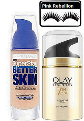 

Pink Rebellion Eyelashes & 0lay Anti Ageing Day Cream & Maybelline Better Skin Foundation(Set of 3)