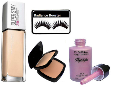 

radiance booster Eyelashes & Maybline Super Stay Foundation & Two Way Compact & Prep+Prime Highlight(Set of 4)