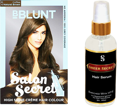 

BBlunt COFFEE NATURAL BROWN SALON SECRET HIGH SHINE CREME HAIR COLOUR NO. 4.31 with SHEER SECRET HAIR SERUM(Set of 2)