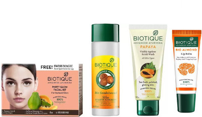 

BIOTIQUE BIO Party Glow Facial Kit, Bio Sandalwood 50+ Spf Sunscreen Ultra Soothing Face Lotion, Bio Papaya Exfoliating Face Wash , LIP CARE(Set of 4)