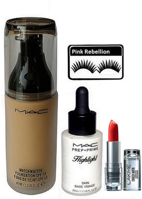 

Pink rebellion Eyelashes & Mac Skin Base Visage Highlight & Match master Foundation & Lakme Enrich Lipstick(Set of 4)