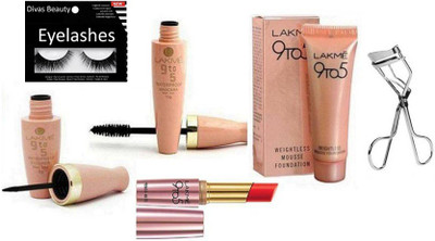 

divas beauty Eyelashes , Lakme 9 TO 5 Eyeliner&Waterproof Mascara with Mouse Foundation & Red Lipstick with Eyecurler(Set of 6)