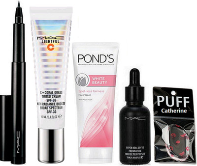 

catherine silicon puff, Mac lightful tinted cream, hyper real foundation, pen eyeliner, ponds white beauty spot-less face wash(Set of 5)