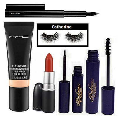 

catherine Eyelashes, Mac Pro Longwear Nourishing Foundation, Lipstick, Padma Eyeliner and Mascara, Pen Eyeliner(Set of 6)