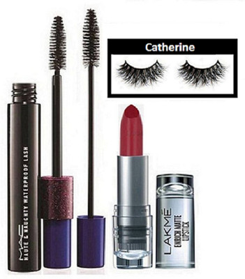 

catherine Eyelashes, Mac Haute & Naughty Black Double Effect Mascara, Lakme Enrich Matte Lipstick(Set of 3)