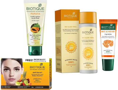 

BIOTIQUE BIO Papaya Exfoliating Face Wash, Bio Aloe Vera 30+ Spf Sunscreen Ultra Soothing Face Lotion, Bio Anti Tan Facial Kit, LIP CARE(Set of 4)