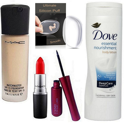 

Ultimate Silicon Puff & Mac Matchmaster Foundation, matte lipstick with Liquid last Eyeliner,Dove Essential nourishment body lotion(Set of 5)