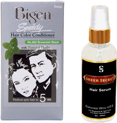 

SHEER SECRET HAIR SERUM 100ML and BIGEN SPEEDY HAIR COLOR BROWNISH BLACK NO. 882(Set of 2)