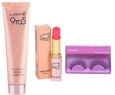

Ultimate Eyelashes, Lakme 9to5 Weightless Mousse Foundation and Primer+Matte Lipstick (Set of 3)(Set of 3)