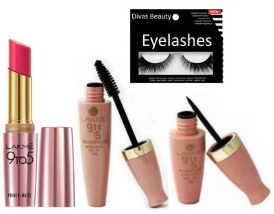 

divas beauty Eyelashes , Lakme 9 to 5 Waterproof Eyeliner & Mascara with Lipstick(Set of 4)