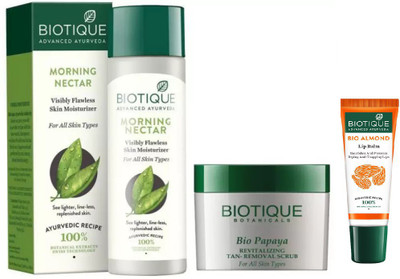 

BIOTIQUE BIO Morning Nectar Flawless Skin Moisturizer, Papaya Revitalizing Tan-Removal Scrub,LIP CARE(Set of 3)