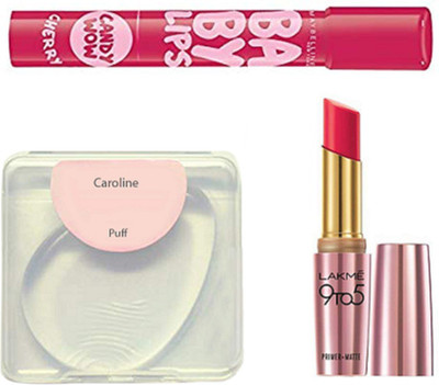 

caroline Silicon puff, Maybelline Baby Lips Lip Balm & Lakme 9to5 Primer Matte Lipstick(Set of 3)