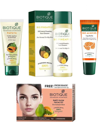 

BIOTIQUE BIO Papaya Exfoliating Face Wash, Bio Pineapple Oil Control Face Cleanser, Bio Party Glow Facial Kit, LIP CARE(Set of 4)