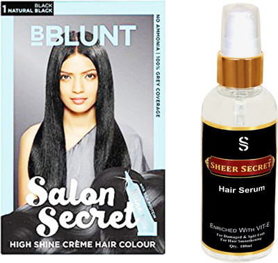 

BBlunt NATURAL BLACK SALON SECRET HIGH SHINE CREME HAIR COLOUR NO. 1 with SHEER SECRET HAIR SERUM(Set of 2)