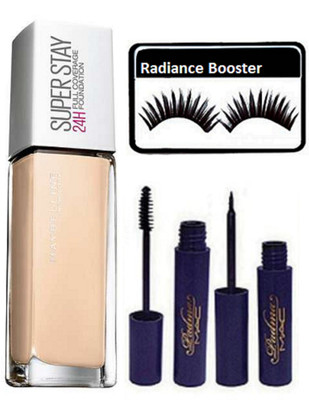 

radiance booster Eyelashes & Maybelline Super Stay Foundation & Padma Eyeliner+Mascara(Set of 4)