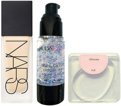 

Ultimate silicon puff, Nars foundation with huda beauty skin caviar primer(Set of 3)