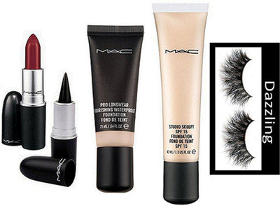 

dazzling Eyelashes, Mac Pro Longwear Nourishing Waterproof Foundation, Studio Sculpt spf 15 Foundation, Stick Kajal, Matte Finish Long Lasting Lipstick(Set of 5)
