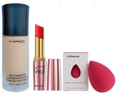 

catherine Silicon Puff, Mac Matchmaster Foundation, Lakme 9to5 Prime+Matte Lipstick(Set of 3)
