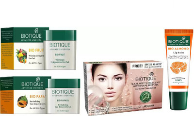 

BIOTIQUE BIO Fruit Face Pack, Bio Papaya Revitalizing Tan Removal Scrub, Bio Pearl White Facial Kit, LIP CARE(Set of 4)