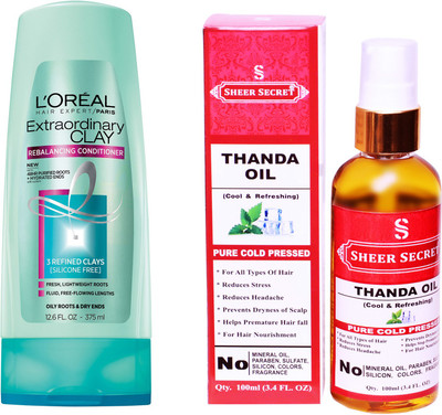 

SHEER SECRET THANDA OIL 100 ML (PURE COLDPRESSED) and LOREAL CONDITIONER CLAY 175ML(Set of 2)