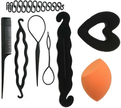 

Bella Hararo 8pc Set Juda Maker+ Heart shape donut + Braid maker + Hair Styling Tool Combo & Half Cut Makeup Foundation Sponge Puff(Set of 8)