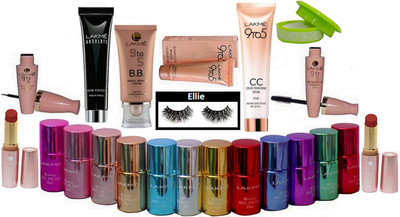 

ellie Eyelashes,Lakme Mirror Nail Paint(pack of 12),Absolute Blur Prefact Primer,Nail Paint Remover With 9to5 Primer matte Lipstick(Pack Of 2),CC Cream,BB Cream,Mousse Cream,eyeliner,Mascara(Set of 22)