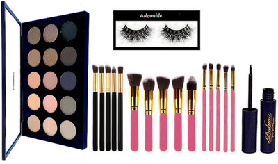 

Adorable eyelashes , mac 15 shade eye shadow palette , makeup brush pack of 15 , mac eyeliner(Set of 18)