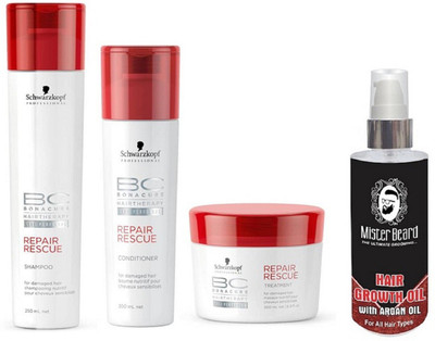 

MISTER BEARD ARGAN GROWTH OIL WITH SCHWARZKOPF REAPIR RESCUE CONDTIONER, MASK, SHAMPOO(Set of 4)