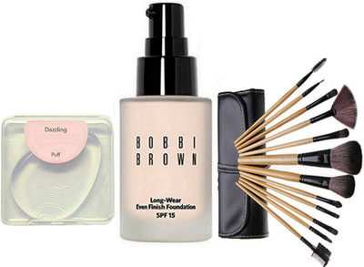 

Dazzling Silicon Puff & Bobbi Brown long wear foundation & Makeup Brush set of 12(Set of 14)