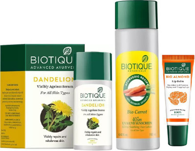 

BIOTIQUE BIO Dandelion Ageless Lightening Serum, Bio Carrot 40+ Spf Sunscreen Ultra Soothing Face Lotion, LIP CARE(Set of 3)