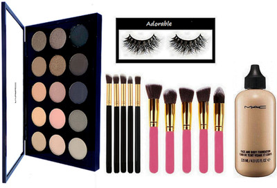 

Adorable eyelashes, mac 15 shade eye shadow palette and makeup brush pack of 10, mac face and body foundation(Set of 13)