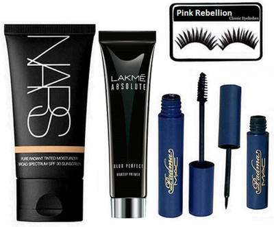 

Pink Rebellion Eyelashes & Lakme Absolute Blur Perfect Makeup Primer & Nars pure Radiant Moisture Foundation &Padma Eyeliner+Mascara(Set of 5)