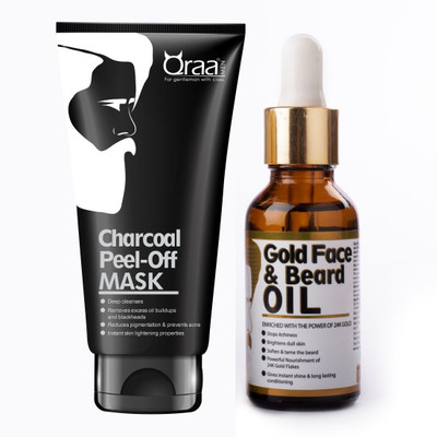 

Qraa MEN CHARCOAL PEEL OFF MASK 50GM + GOLD FACE AND BEARD OIL 30ml(Set of 2)