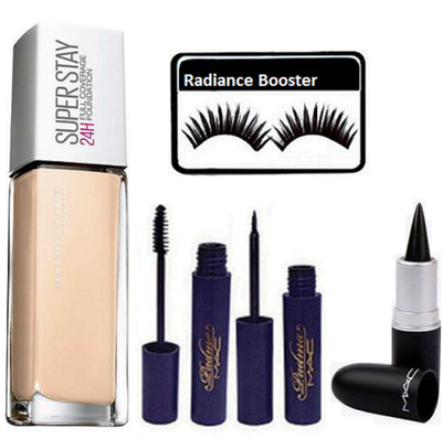 

radiance booster Eyelashes & Maybelline Super Stay Foundation & Padma Eyeliner+Mascara & Stick Kajal(Set of 5)