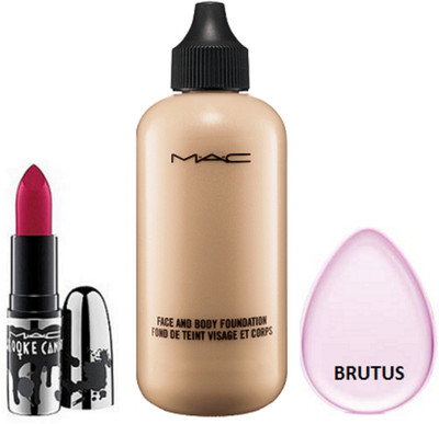 

BRUTUS Silicon Puff, Mac Brooke Candy Red Lipstick, Face & Body Foundation(Set of 3)