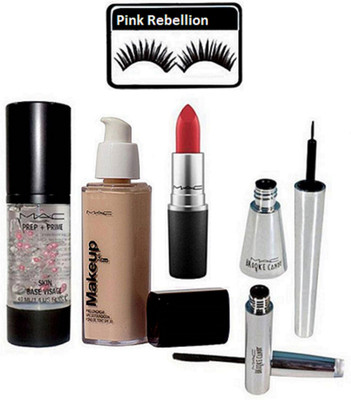 

Pink Rebellion Eyelashes & Mac Makeup Pro Long Wear Foundation & Prep+Prime Primer & Lipstick & Brooke Candy Eyeliner+Mascara(Set of 6)