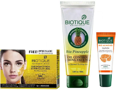 

BIOTIQUE BIO Gold Radiance Facial Kit, Bio Pineapple Oil Control Foaming Face Wash, LIP CARE(Set of 3)