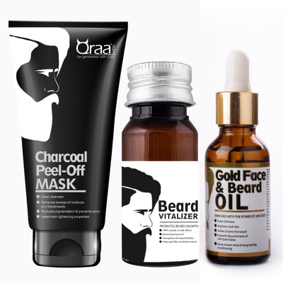 

QRAA BEARD VITALIZER 30ML + GOLD FACE AND BEARD OIL 30ML + CHARCOAL PEEL OFF MASK 50GM(Set of 3)