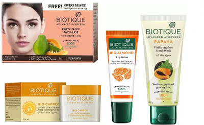 

BIOTIQUE BIO Party Glow Facial Kit, Bio Carrot 40+ Spf Sunscreen Ultra Soothing Face Cream, Bio Papaya Exfoliating Face Wash , LIP CARE(Set of 4)