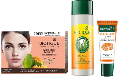 

BIOTIQUE BIO Bio Party Glow Facial Kit, Bio Vera 75+ Spf Sunscreen Ultra Soothing Body Lotion, lip care(Set of 3)