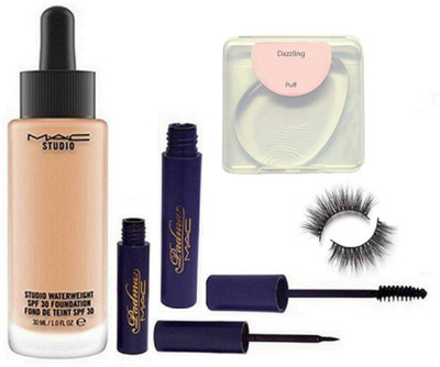 

DAZZLING Silicon Puff & Studio Water weight Foundation & Padma Eyelliner+Mascara With Eyelashes (Set of 5)(Set of 5)
