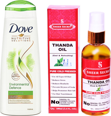 

SHEER SECRET THANDA OIL 100ML (PURE COLD PRESSED) and DOVE 180 ML ENVIRONMENTAL DEFENCE SHAMPOO(Set of 2)