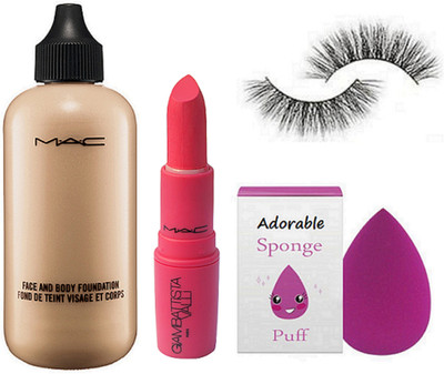 

Adorable sponge puff, mac face and body foundation , giambattista lipstick with eyelashes(Set of 4)