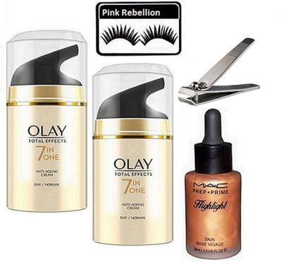 

Pink rebellion Eyelashes & olay Anti Ageing Day Cream (Pack Of 2) & Mac Prep+Prime Highlight With Nail Clipper(Set of 5)