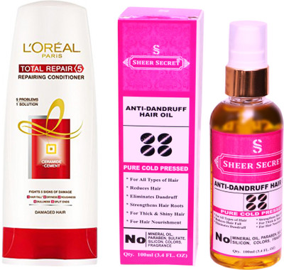 

SHEER SECRET ANTI DANDRUFF OIL 100 ML (PURE COLDPRESSED) and LOREAL CONDITIONER TOTAL REPAIR 5 175ML(Set of 2)