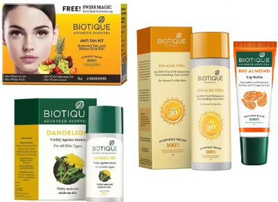 

BIOTIQUE BIO Anti Tan Facial Kit, Bio Dandelion Ageless Lightening Serum, Bio Aloe Vera Ultra Soothing Face Lotion SPF 30 UVA/UVB Sunscreen , LIP CARE(Set of 4)