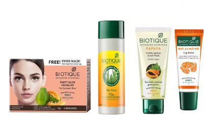 

BIOTIQUE BIO Party Glow Facial Kit, Bio Vera 75+ Spf Sunscreen Ultra Soothing Body Lotion, Bio Papaya Exfoliating Face Wash , LIP CARE(Set of 4)