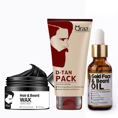 

Qraa Men Hair & Beard wax Black 100gm + D-Tan Pack for Men 120gm + Gold Face And Beard Oil 30ml(Set of 3)