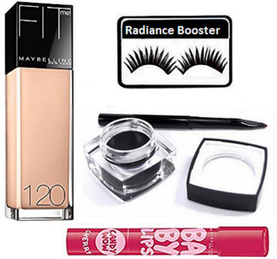 radiance booster Eyelashes & Mac Fluidline Gel Eyeliner & Maybelline Fit Me Foundation & Baby Lip Balm(Set of 4)