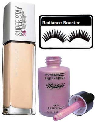 

radiance booster Eyelashes & Maybline Super Stay Foundation & Prep+Prime Highlight(Set of 3)
